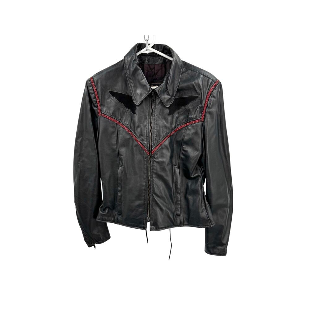 Protech Leather Apparel Womens Moto Jacket Vintage Size 14 Red Stitching
